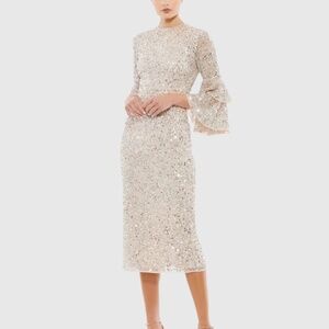 Mac Duggal 10802 Fully Sequined Ruffle Tiered 3/4 Sleeve Midi Dress Nude Size 6